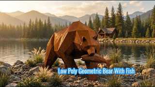 Büyük Corten Çelik Grizzly Bear Heykel Düşük Poli Geometrik Ayı Balık Heykeli Açık Bahçe De