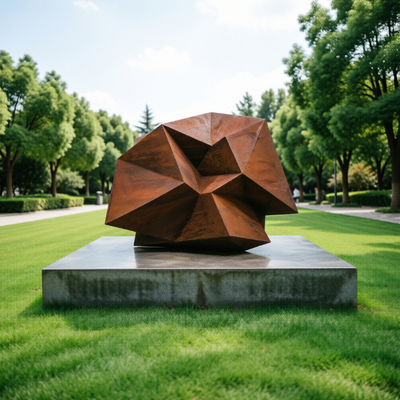 İyi bir fiyat. Büyük Soyut Corten Çelik Geometrik Heykel Modern Açık Açık Poliedron Sanat Heykelini Bahçe Parkı Plaza Otel Manzara Dekoru çevrimiçi